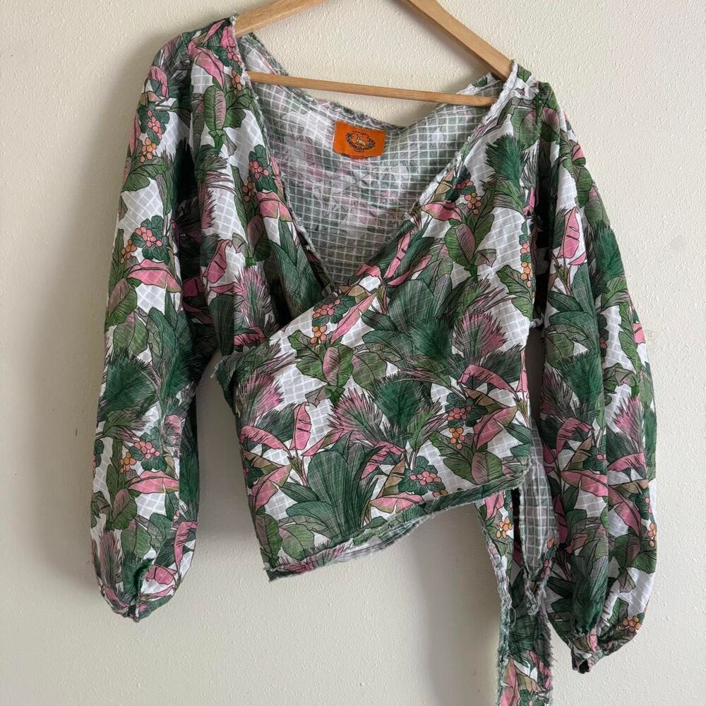 Coniglio Palm Beach Cotton Wrap Top Tropical Floral Long Sleeve Resort Blouse